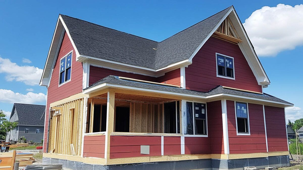 Red two-story house under construction with porch framing and unfinished siding under a blue sky