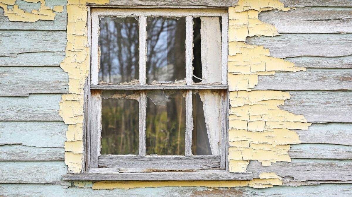 Old weathered window in peeling pale yellow and blue wooden siding
