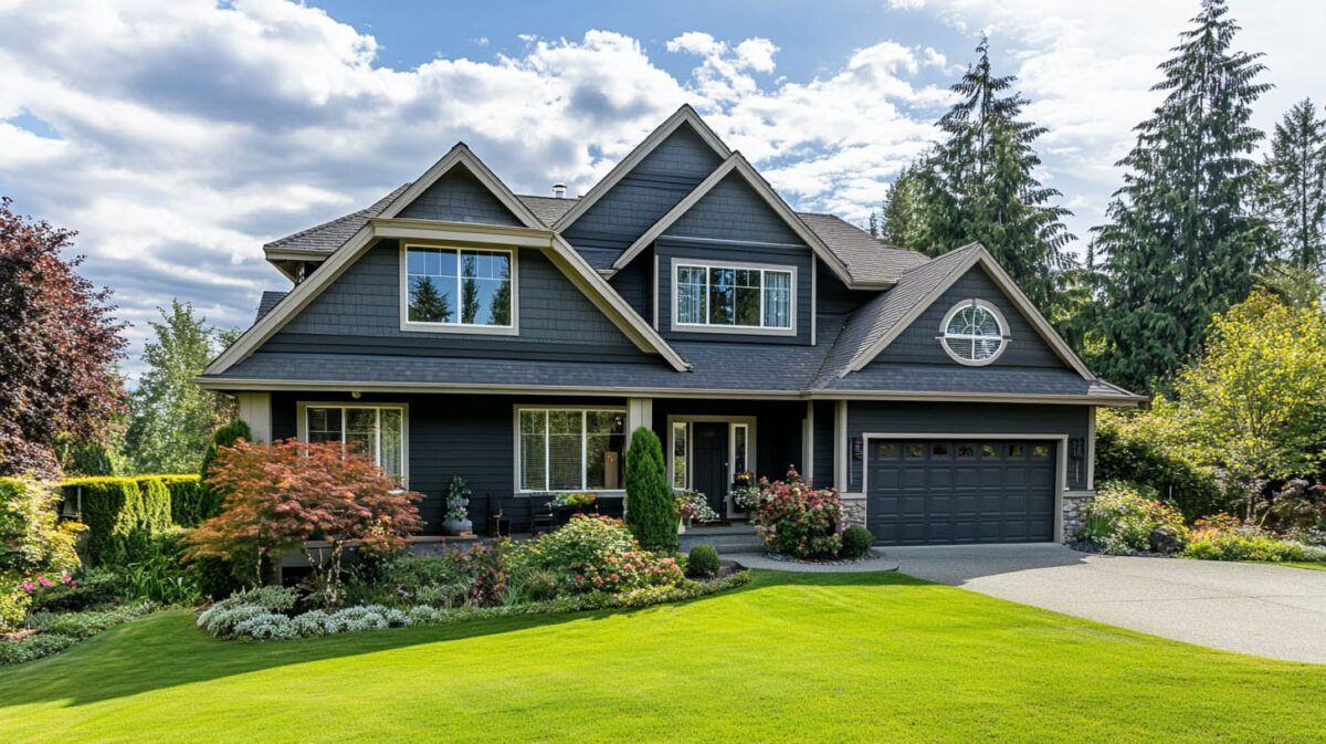 Large gray house with a manicured lawn, front porch, and two-car garage under a partly cloudy sky