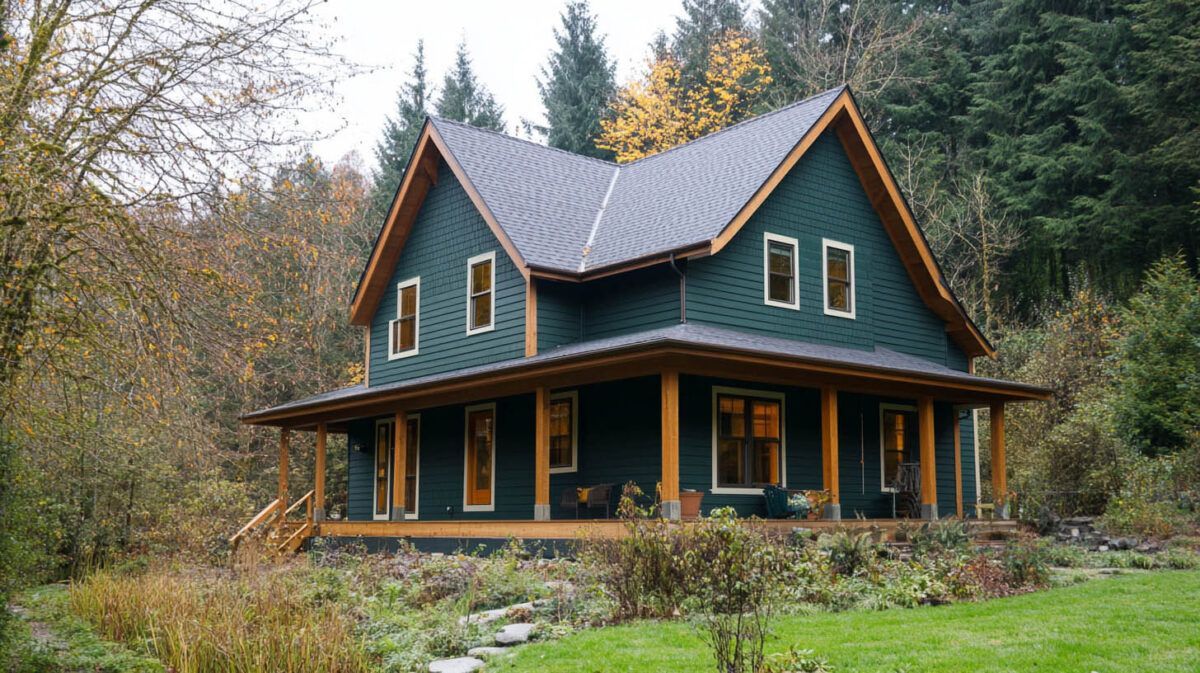 Dark teal two-story cabin with a porch in a wooded autumn setting