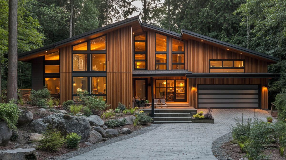 Modern wooden house with large glowing windows nestled among trees and rocks at dusk