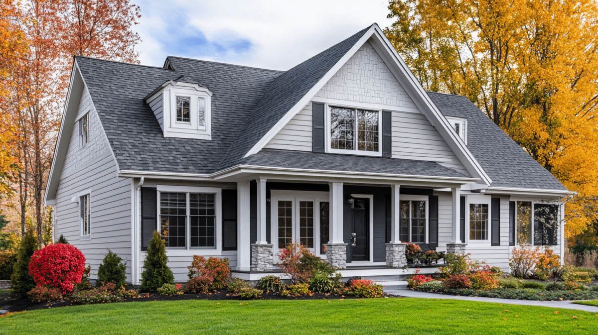 Gray suburban house with white trim, black shutters, and a front porch, surrounded by autumn landscaping