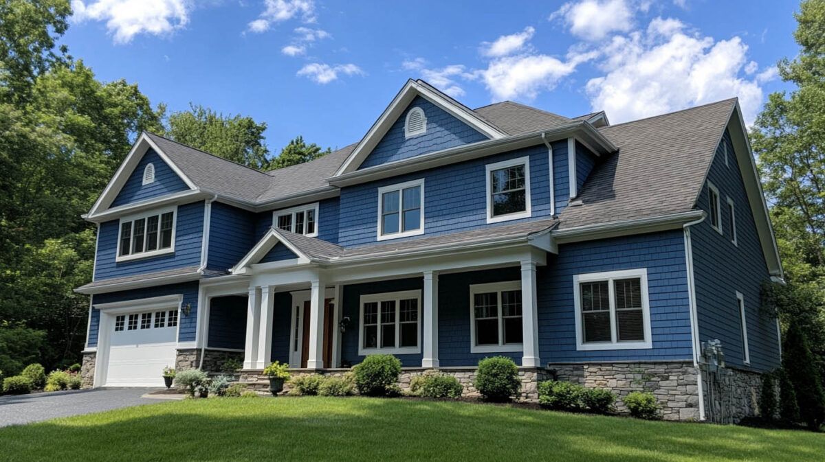 Blue two-story suburban house with white trim, stone accents, and a well-kept green lawn under a sunny sky