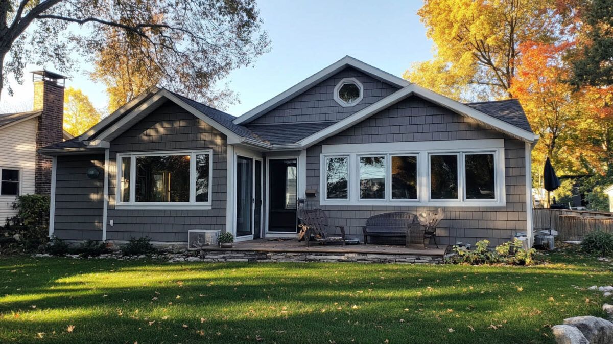 Gray suburban house with a front porch, gabled roof, and large trees in the yard in autumn.