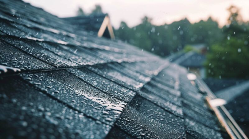 Rain-soaked dark shingle roof with water droplets and blurred trees in the background