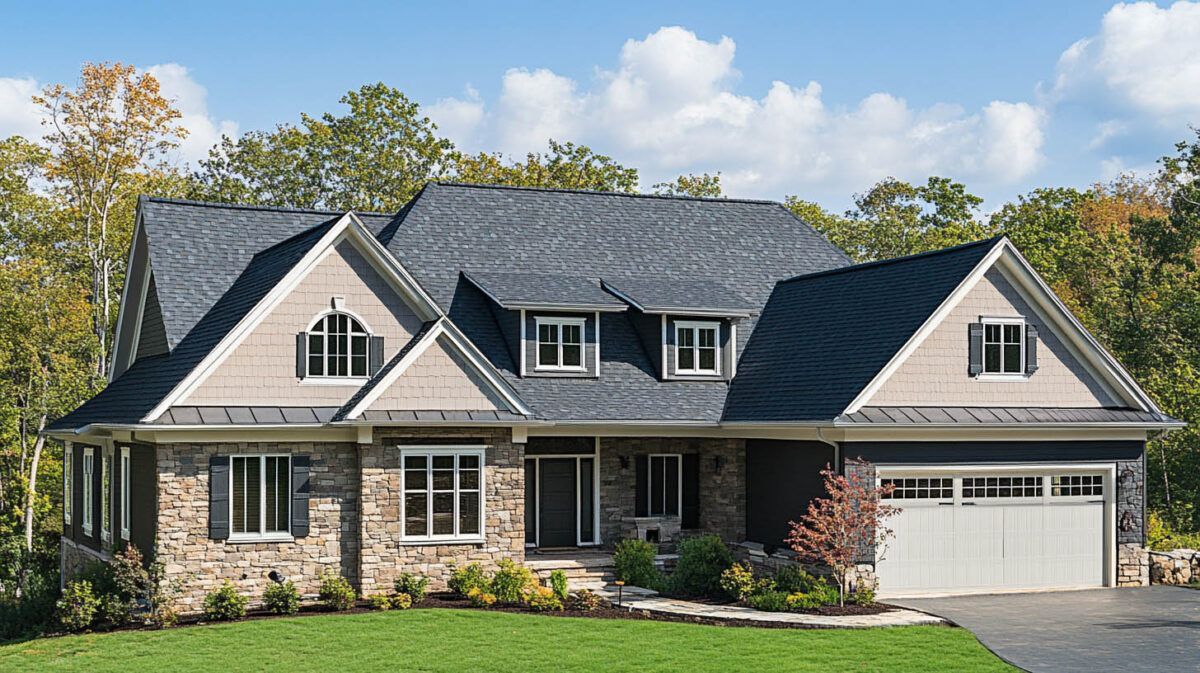 Large gray suburban house with stone accents, gabled roof, and attached two-car garage.
