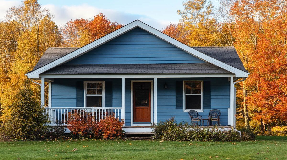 Blue house with white trim and autumn trees in the background.
