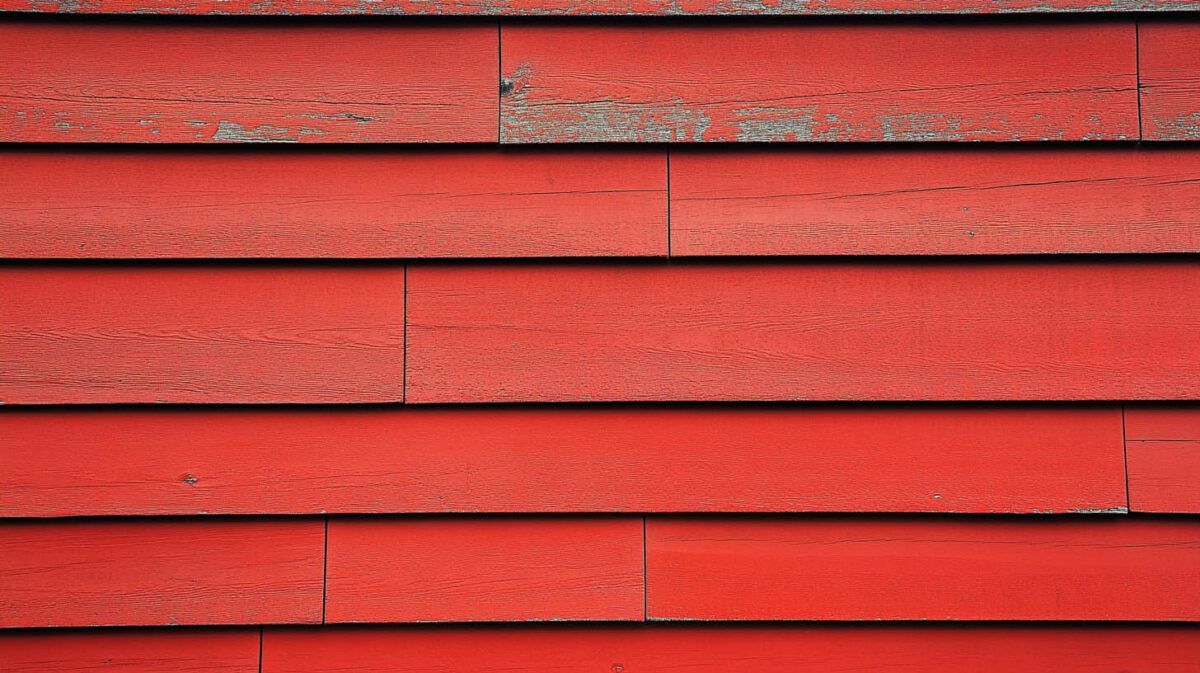 Red wooden plank wall with horizontal weathered boards and peeling paint