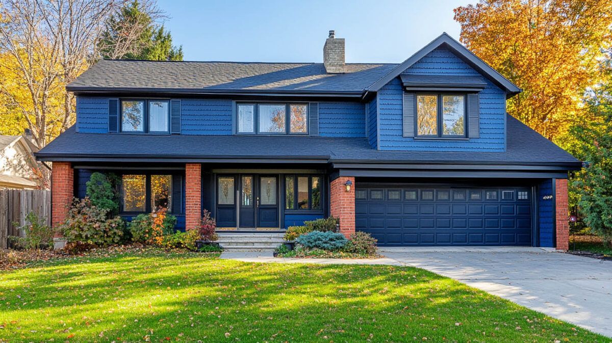 Two-story blue suburban house with a front porch, attached garage, and autumn trees in front