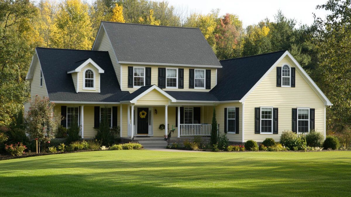 Large cream-colored suburban house with dark roof, white trim, front porch, and green lawn surrounded by trees