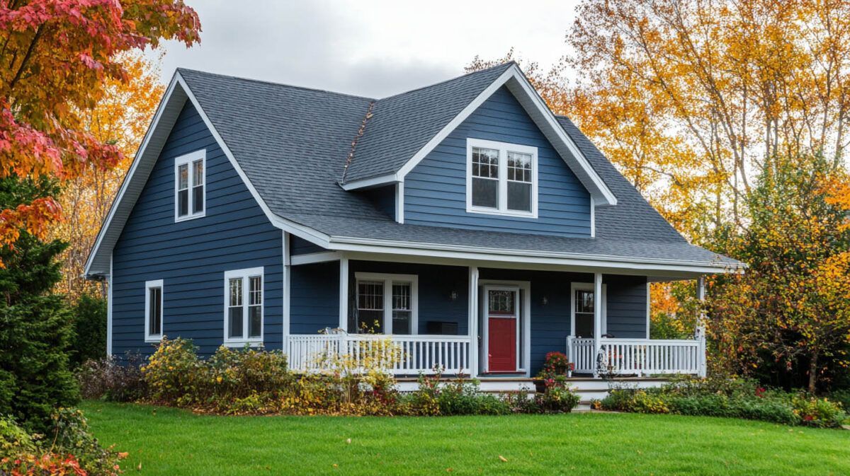Blue house with white trim and red door, surrounded by autumn trees and a green lawn.