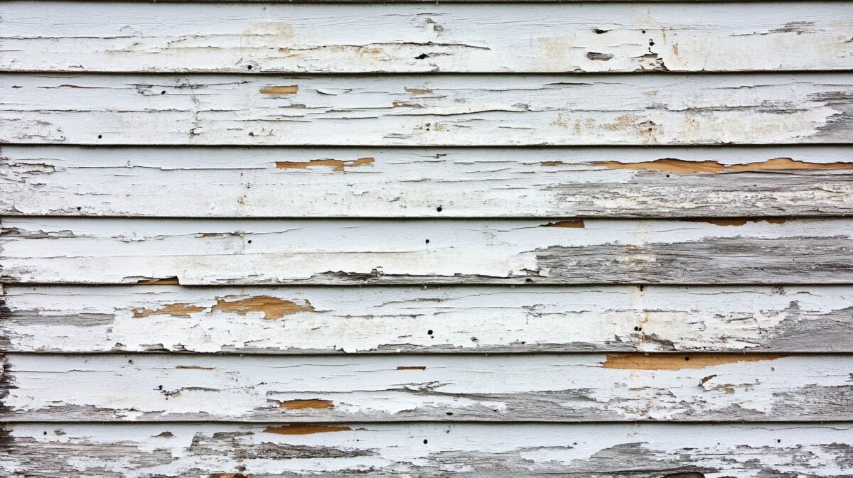 Weathered white wooden plank wall with peeling paint and gray wood grain.