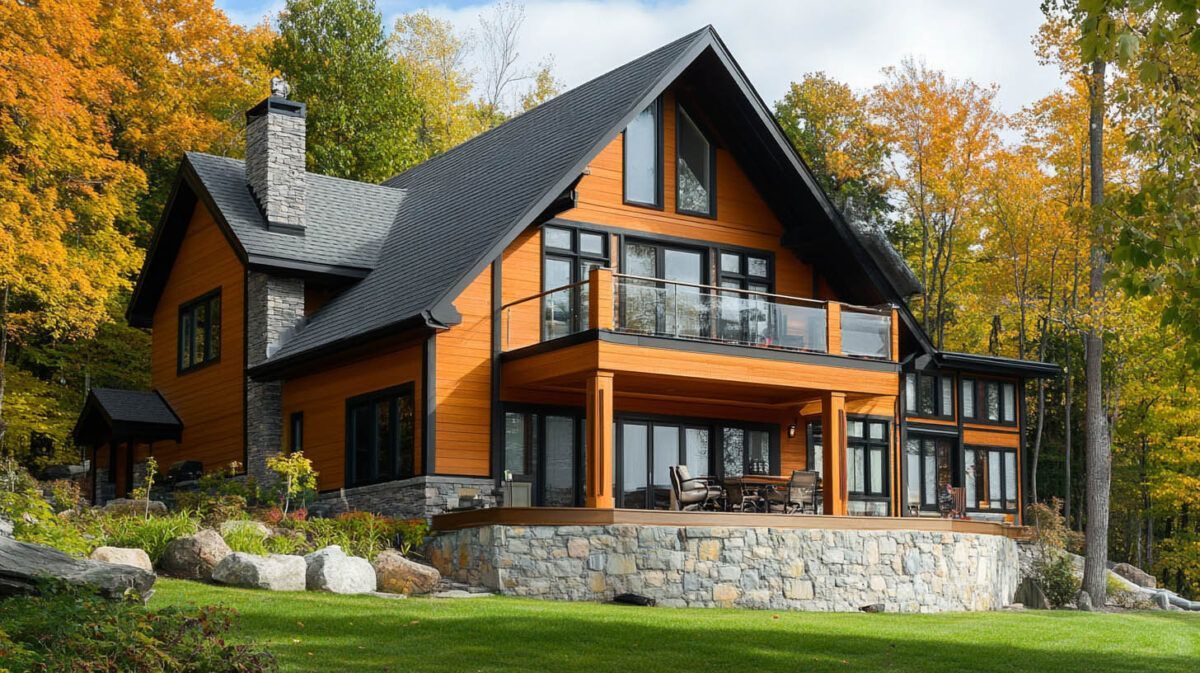 Modern wooden cabin with stone foundation and dark roof in an autumn forest setting