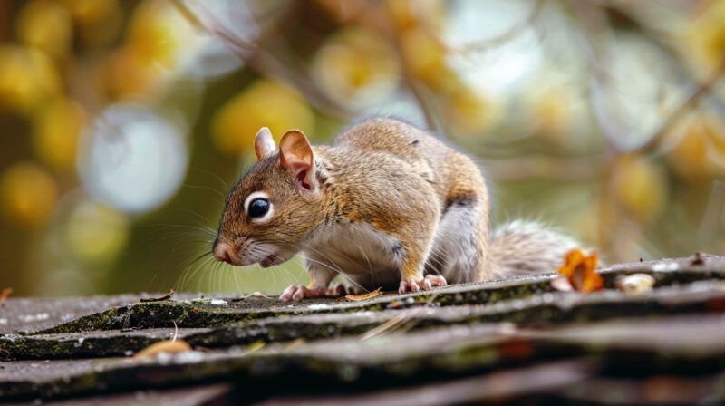 A brown squirrel on a log with a blurred autumn forest background