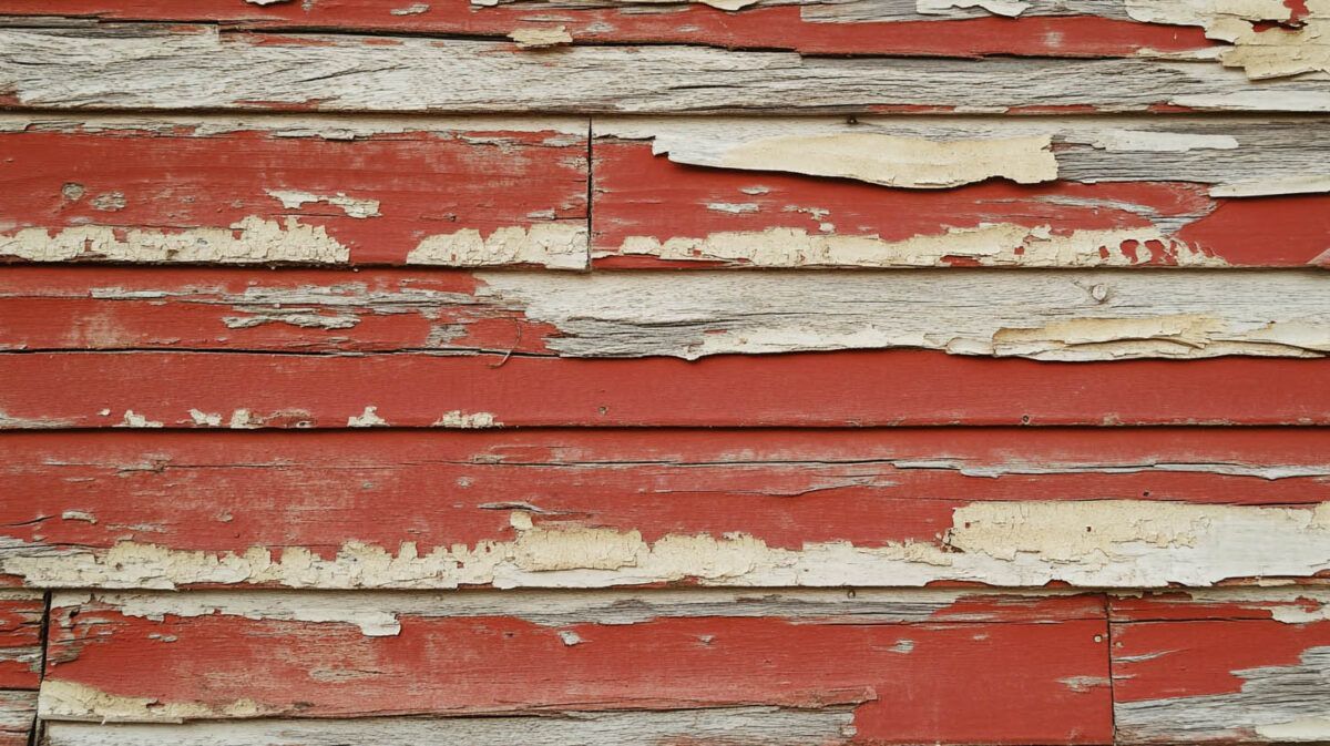 Peeling red-painted wooden boards with white weathered patches and horizontal planks