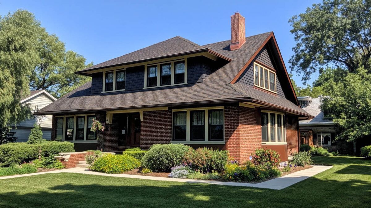 Craftsman-style brick house with a shingled roof, front porch, and lush green lawn in a sunny yard