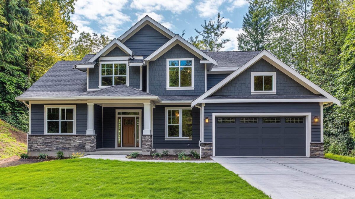 Modern gray two-story house with a front lawn, driveway, and attached garage