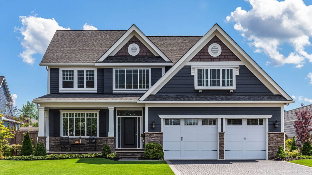 Two-story gray suburban house with white trim, stone accents, and a two-car garage on a sunny day