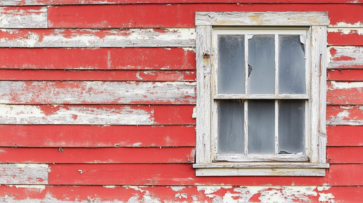 Weathered red wooden wall with peeling paint and a small white-framed window