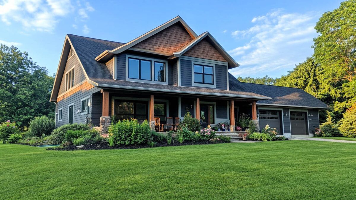 Large modern stone-and-wood house with a covered porch and manicured green lawn under a blue sky