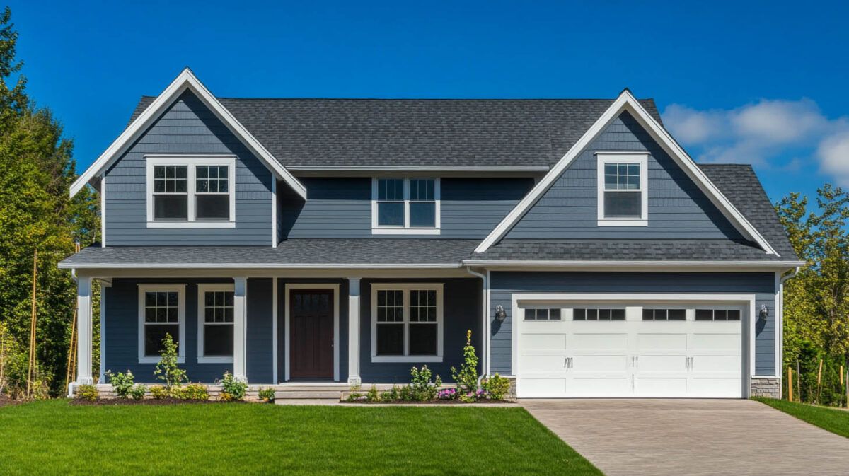 Gray suburban house with white trim, front porch, and two-car garage under a blue sky