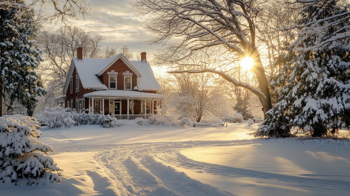 Snowy farmhouse at sunrise with frosted trees and a curving track in the snow