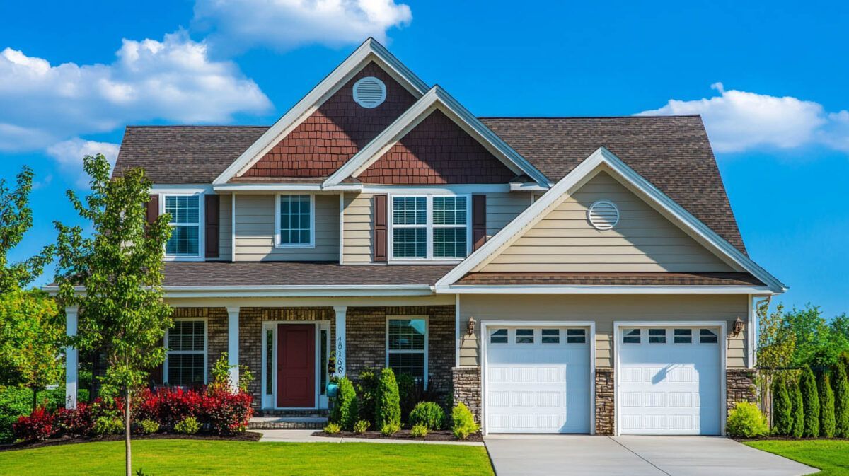 Suburban two-story house with red brick and beige siding, white garage doors, and a green lawn