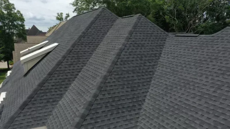 Dark gray shingled roof with a steep ridge and rooftop vent on a house surrounded by trees