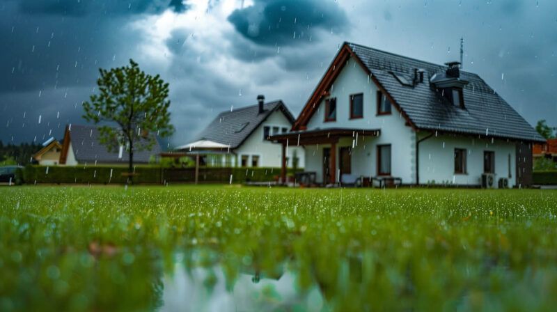 White house with red roof in rainy countryside, seen from a wet green lawn under stormy clouds