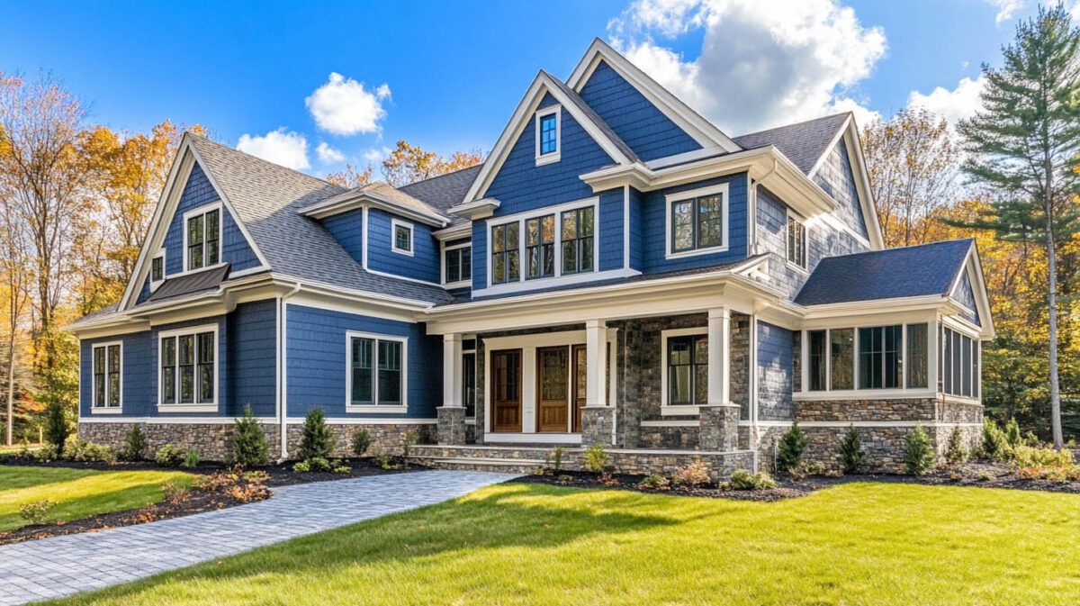 Blue two-story suburban house with white trim, front porch, and a green lawn under a bright sky