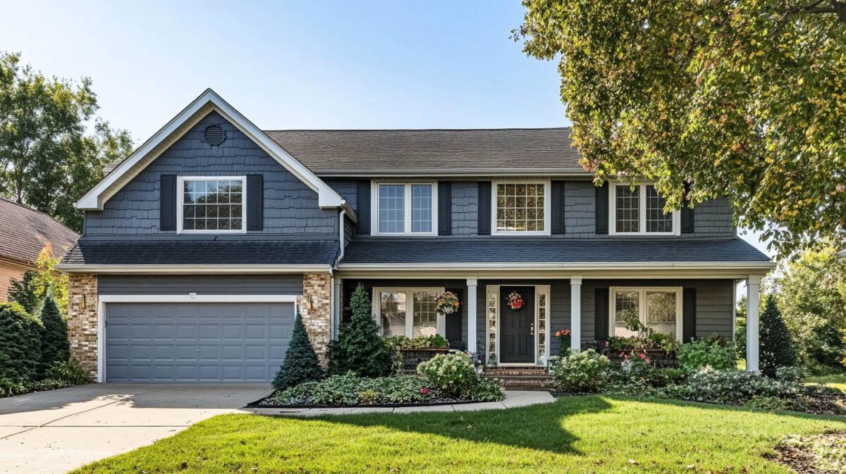 Two-story blue suburban house with white trim, attached garage, and a front porch surrounded by green lawn and trees