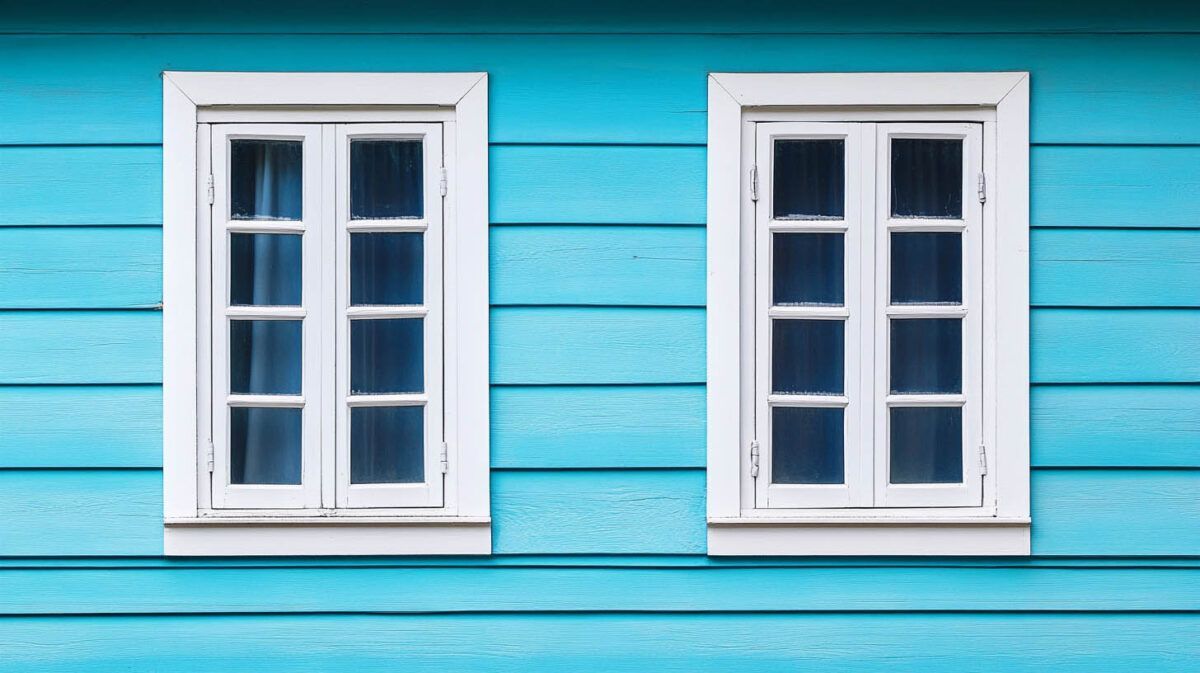 Two white-framed windows on a bright turquoise wooden wall