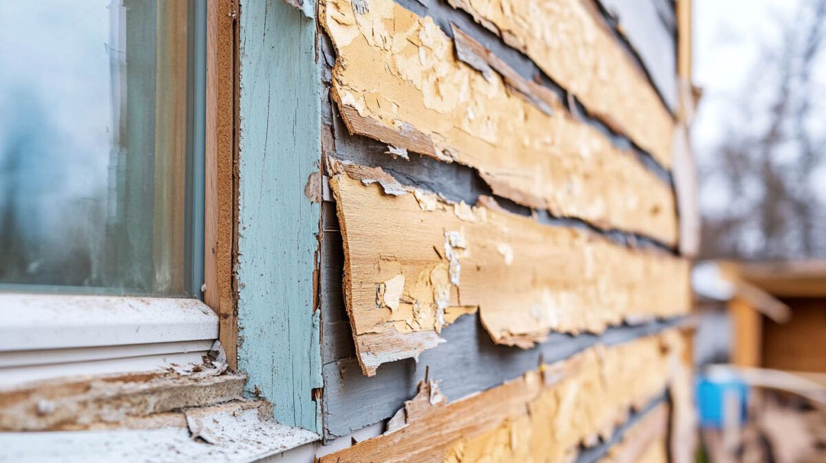 Peeling beige siding beside a blue-trimmed window on a weathered house exterior