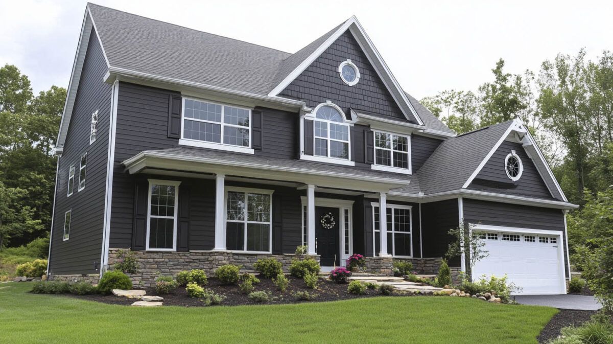 Dark gray two-story suburban house with white trim, front porch, and attached garage on a green lawn