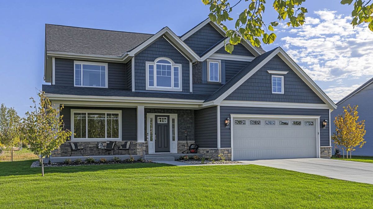 Two-story blue-gray suburban house with white trim, a two-car garage, and a green lawn