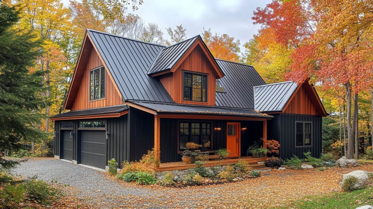 Modern black and wood cabin surrounded by autumn trees and fallen leaves
