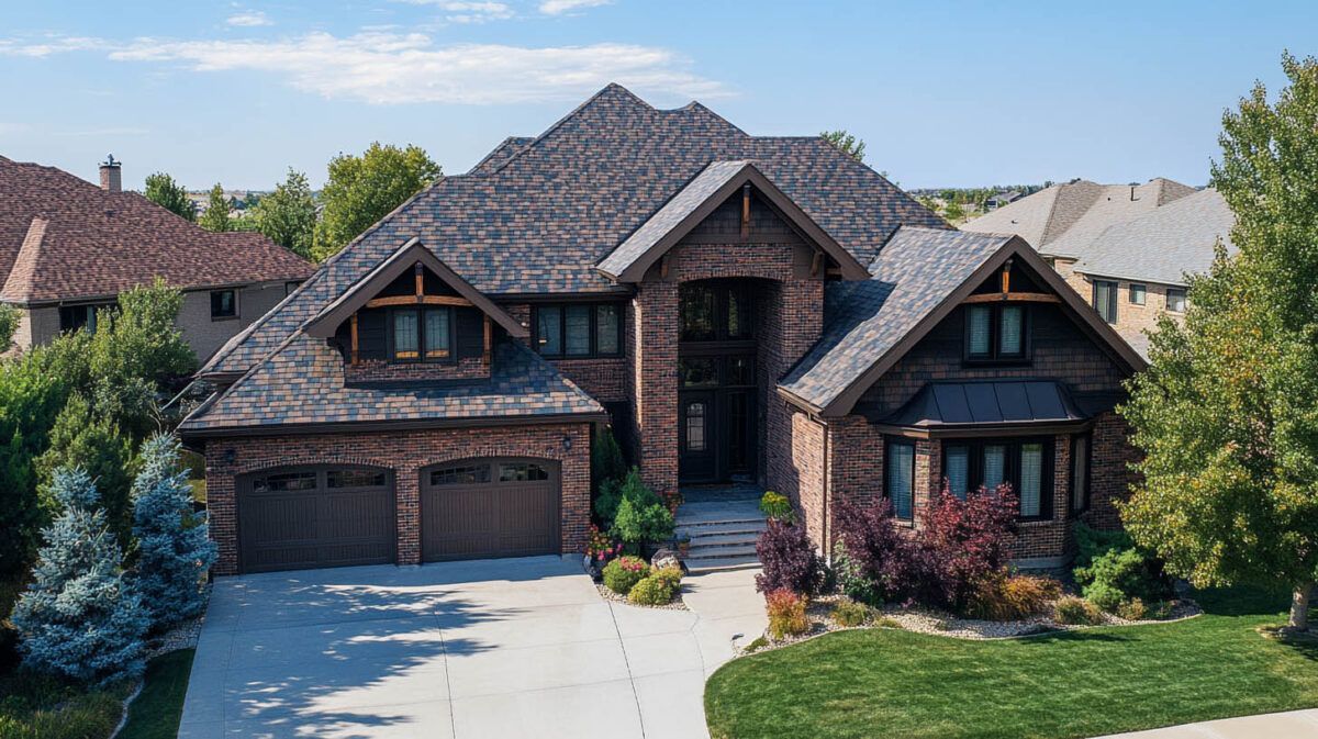 Large brick suburban house with dark shingle roof, three-car garage, and front lawn