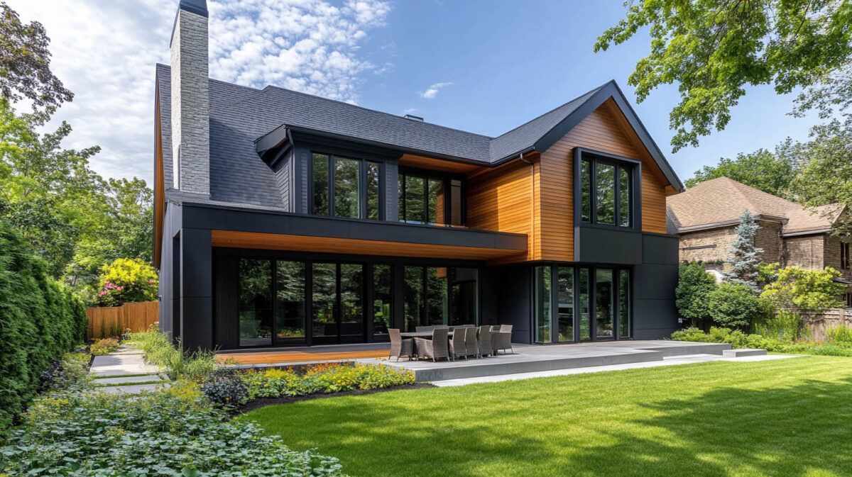 Modern two-story house with dark siding, wood accents, and a large green lawn under a blue sky