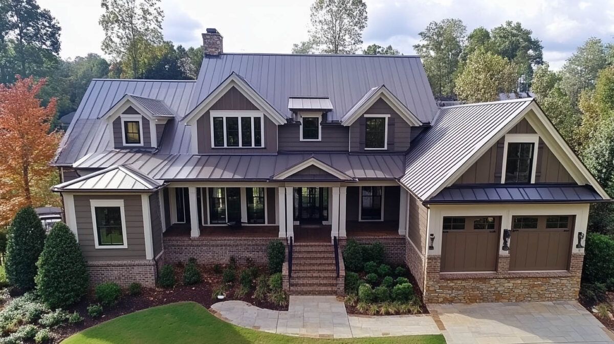 Large two-story stone and siding house with gray roof, front porch, and attached garage surrounded by trees