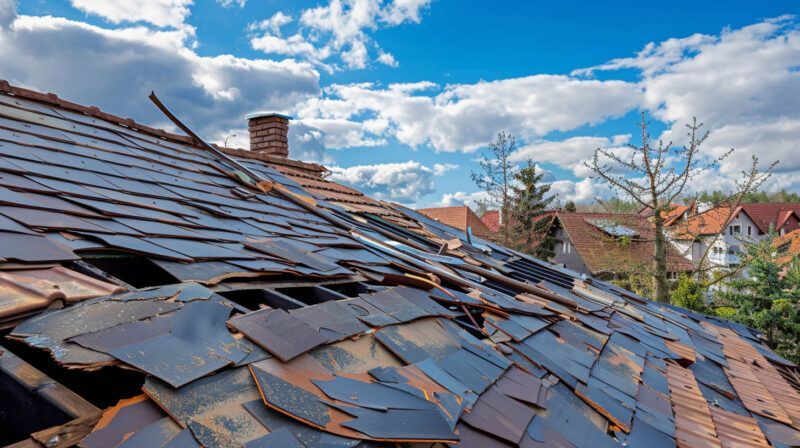 Damaged slate roof with missing tiles under a cloudy blue sky, overlooking rooftops and trees