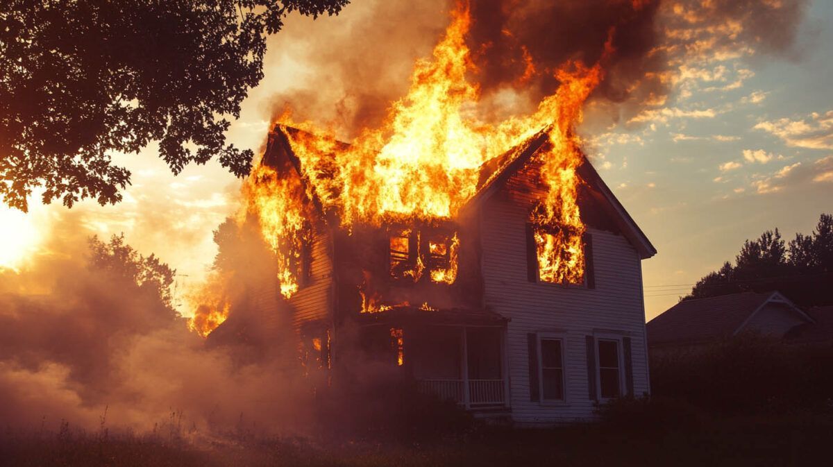 House engulfed in flames at sunset, with thick smoke billowing into the sky