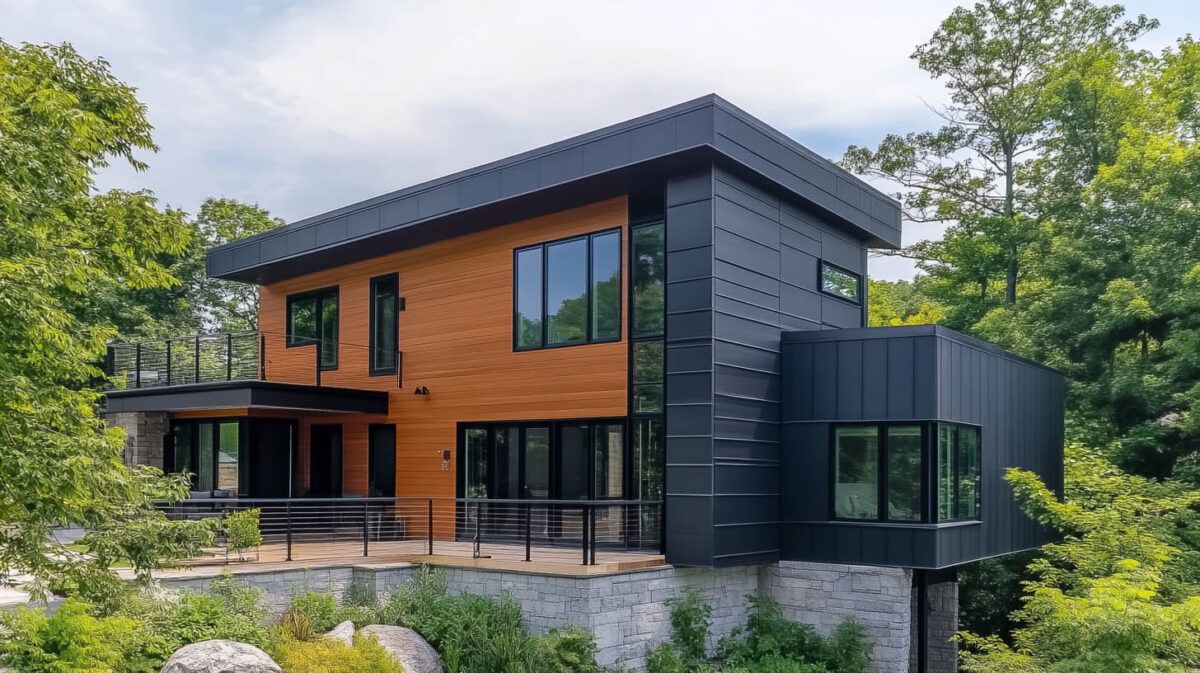 Modern two-story house with wood and dark siding, large windows, and a deck in a wooded setting