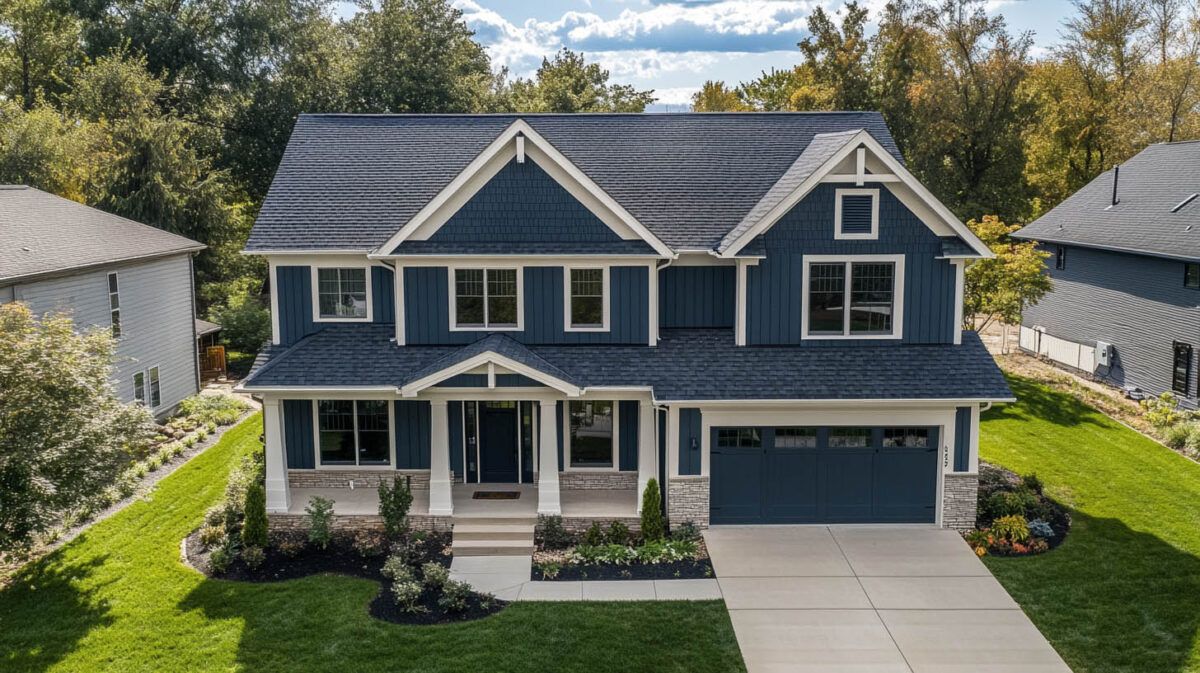 Two-story blue house with white trim, front porch, driveway, and attached garage in a suburban neighborhood