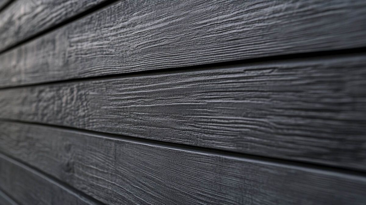 Close-up of dark gray weathered wooden siding with horizontal planks and visible grain texture