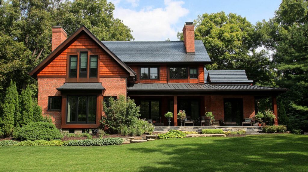 Red brick house with a dark roof, large windows, and a lush green lawn under a partly cloudy sky