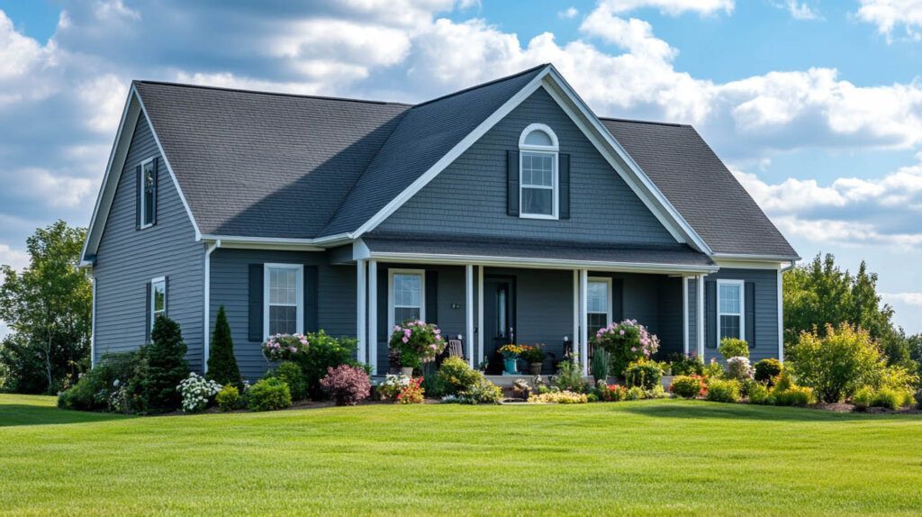 Blue suburban house with a front porch, flower garden, and green lawn under a clear sky