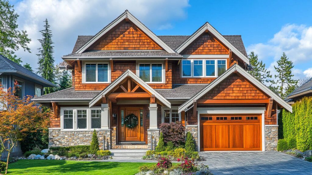 Two-story house with a stone facade, warm wood accents, and a two-car garage surrounded by greenery.