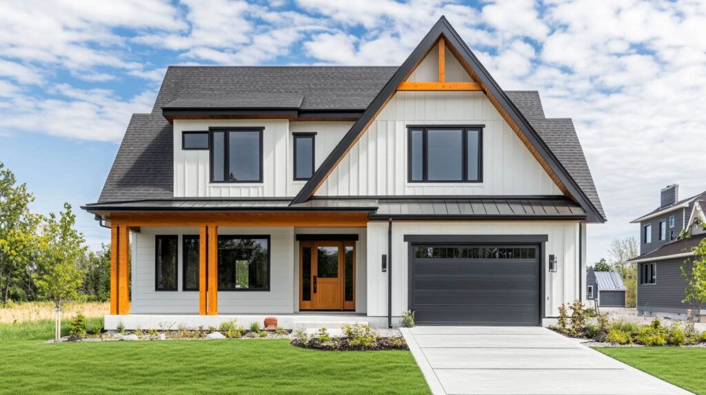 Modern two-story suburban house with gray siding, orange accents, garage, and manicured lawn