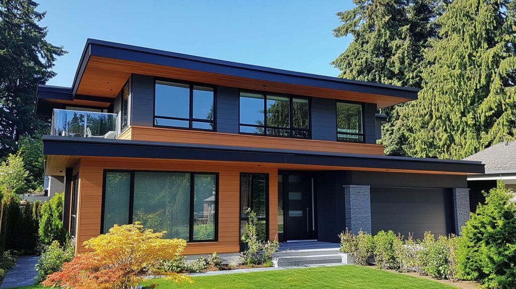 Modern two-story house with wood accents, large windows, and a landscaped front yard under a blue sky