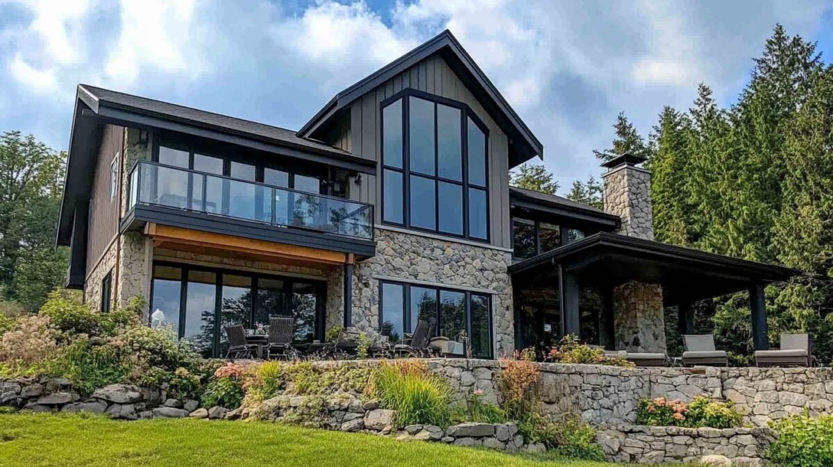 Modern stone-and-wood house with large windows, surrounded by landscaped greenery and trees